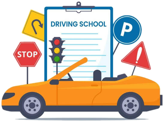 Driving school training car with road sign icons, representing beginner car driving lessons